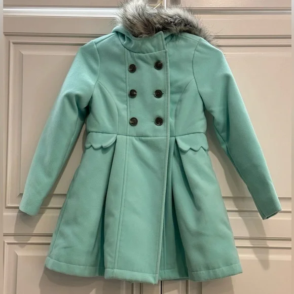 Cat & Jack Girls Heavy Pea Coat Removable Fur Trim Mint Green Size 7/8 - Picture 4 of 11